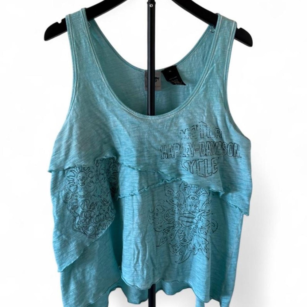 Harley Davidson blue tank top with embroidery and cut out details